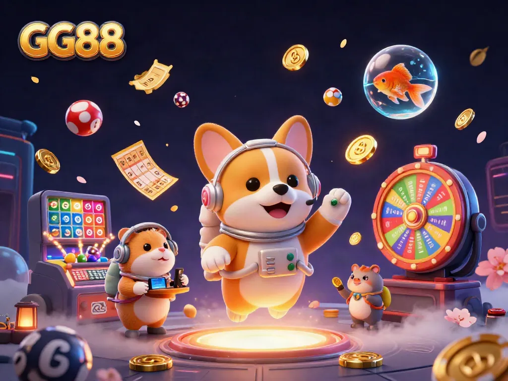 GG88 themed digital illustration featuring astronaut corgi and casino elements in a vibrant space setting.