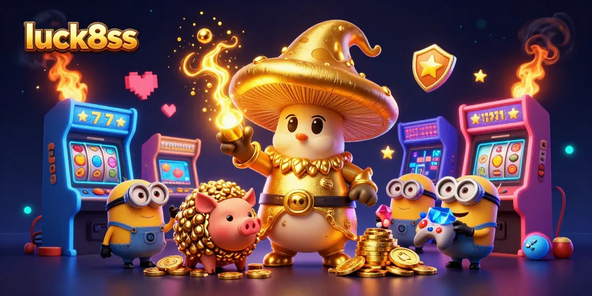 Play luck8ss with an enchanting golden wizard and treasures, highlighted by vibrant arcade elements.