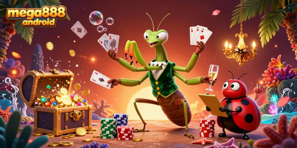 Experience Mega888 Android with giant mantis dealer in a vibrant casino scene.