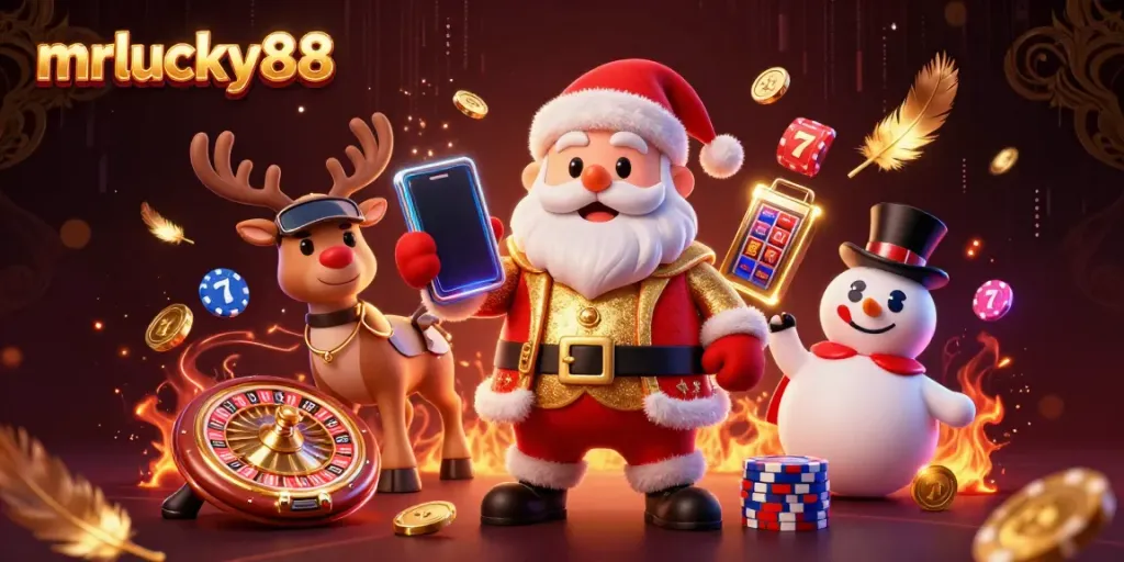 Spin the reels at mrlucky88 with festive characters in a vibrant casino setting.