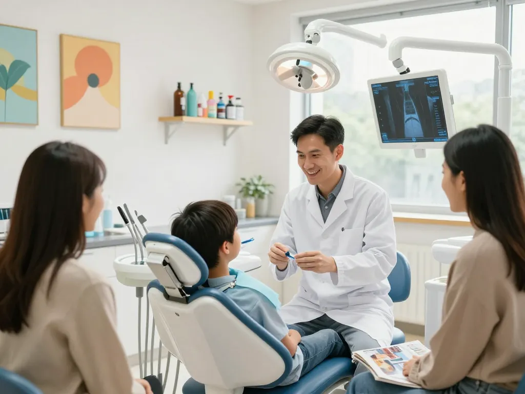 Dentist near me providing care to a young patient in a bright dental clinic.