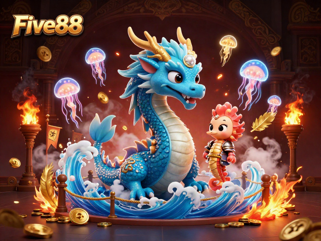 Engage in thrilling gameplay at Five88 with a vibrant 3D casino scene featuring a majestic dragon.