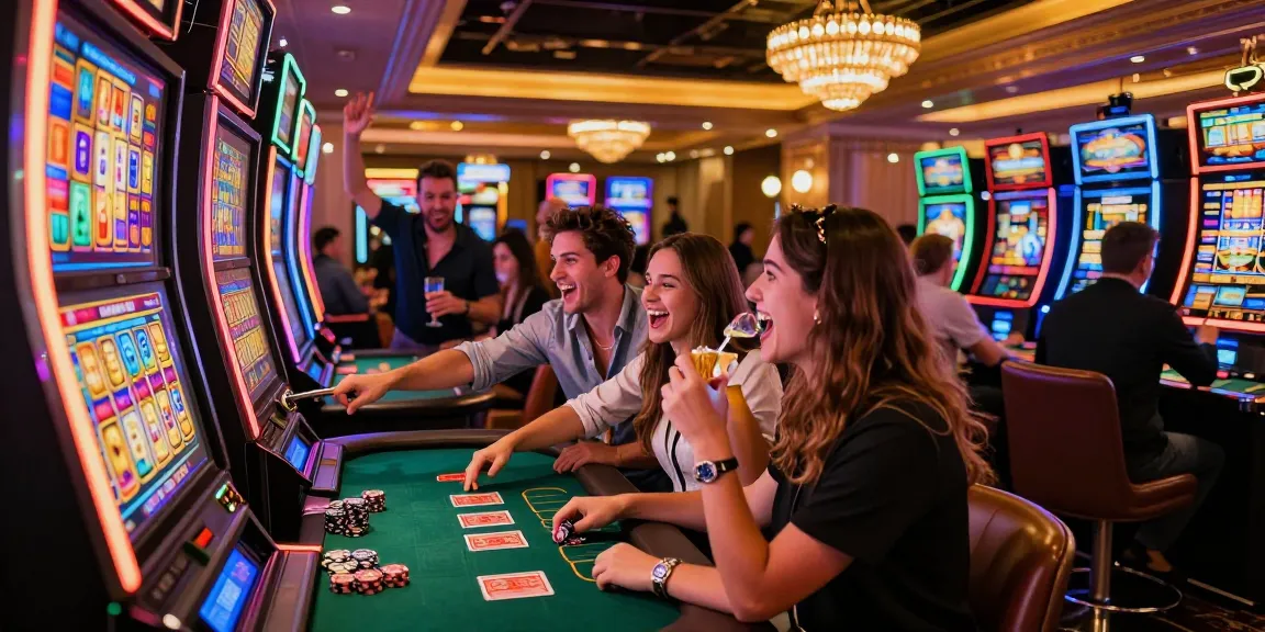 Exciting casino scene featuring friends playing slot gacor malam ini, vibrant lights and lively atmosphere.