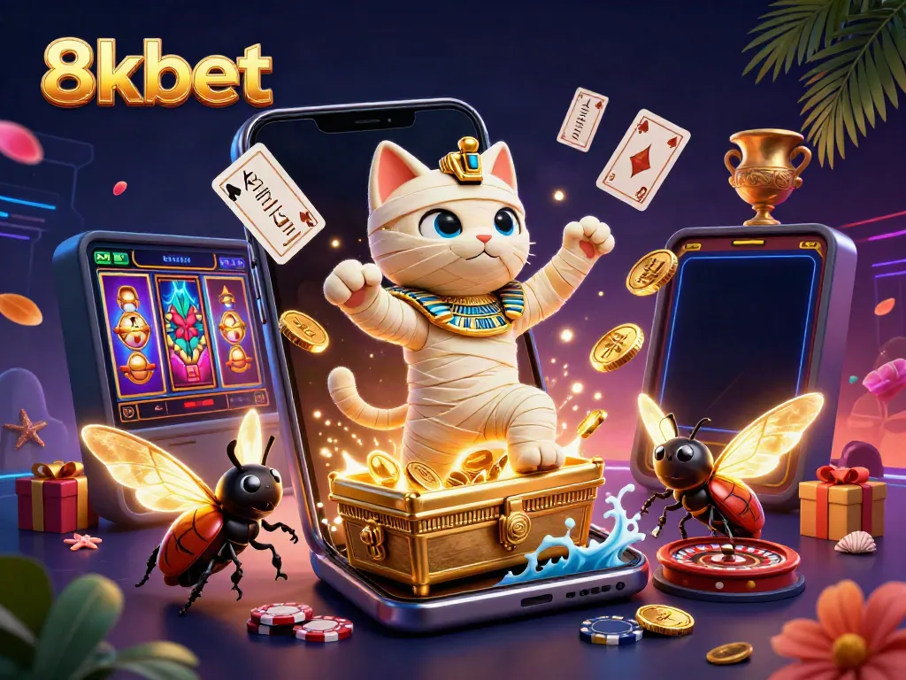 8kbet features an Egyptian mummy cat in an exciting casino scene, playing with glowing slot games and vibrant elements.