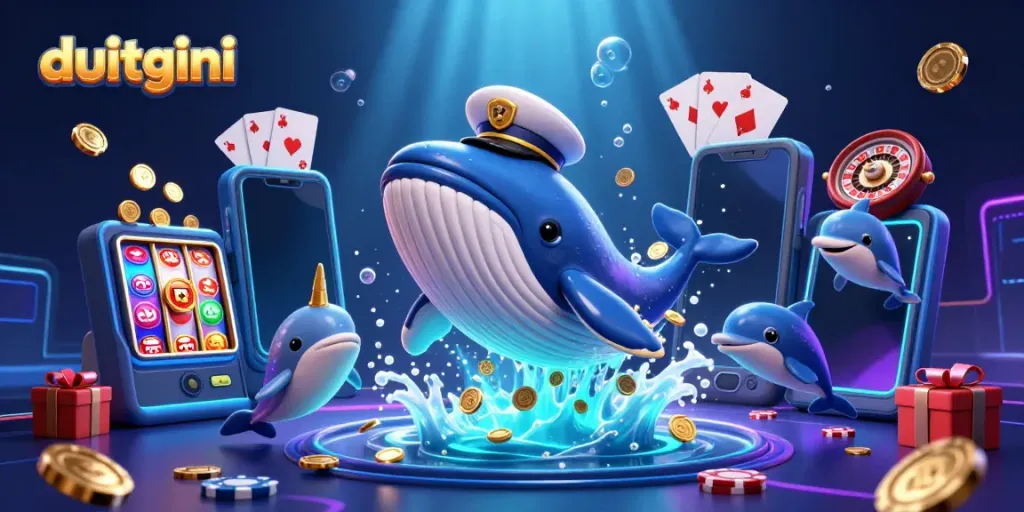 Dive into excitement with duitgini as a whale in casino gear and playful dolphins enhance your borrowing experience!