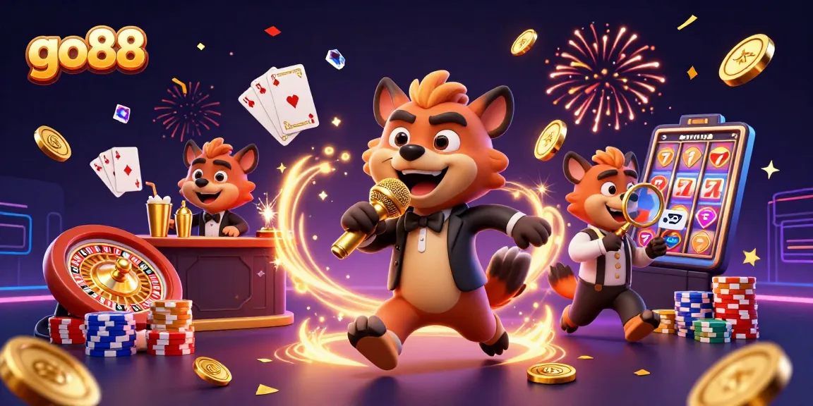 go88's vibrant 3D cartoon casino scene showcases hyenas in action with coins, cards, and a roulette wheel.