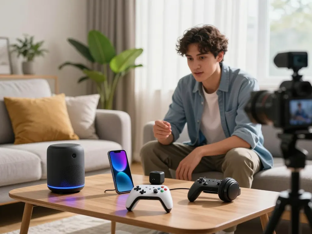 Best tech gadgets for men showcased in a modern living room setting with Bluetooth devices and vibrant LED lights.