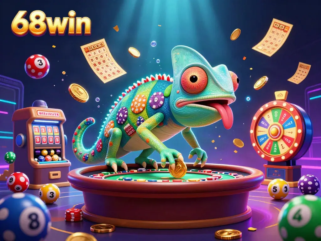 Experience the vibrant casino world at 68win with playful chameleon and colorful gaming elements.