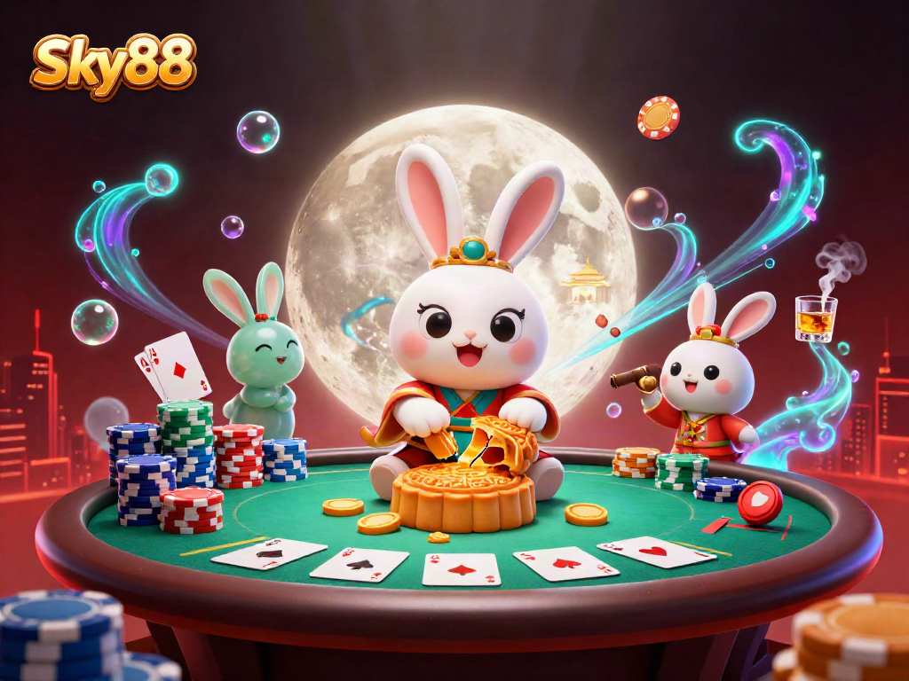 Experience thrilling gameplay with Sky88 as playful moon rabbits reveal hidden poker chips amidst a vibrant casino scene.