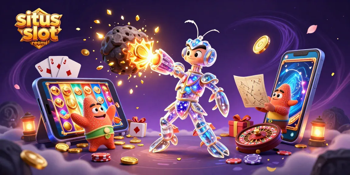 Experience exciting wins with situs slot resmi as a playful mantis shrimp breaks through an asteroid surrounded by colorful casino elements.