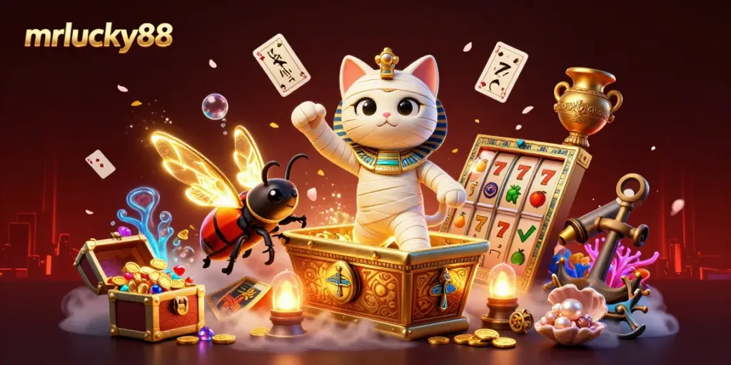 Engage with mrlucky88's thrilling gaming experience, featuring an Egyptian mummy cat and rich casino elements.