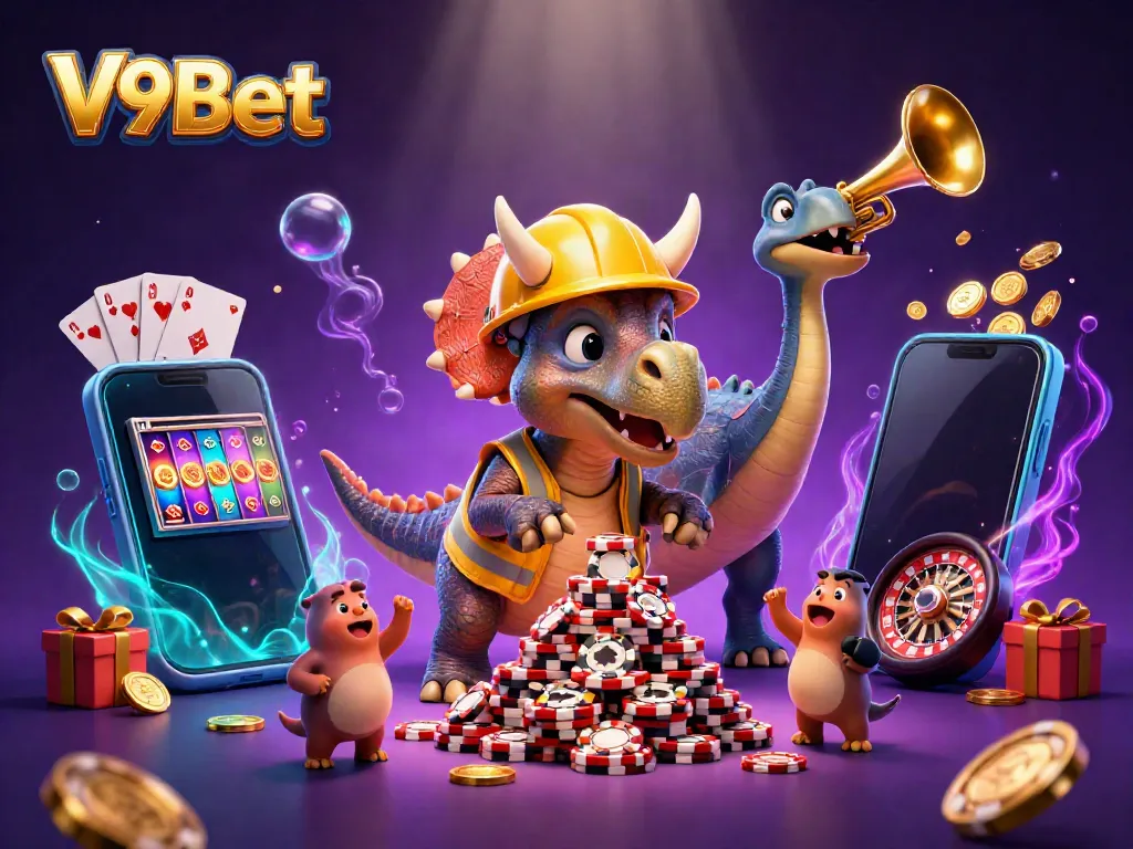 Experience exciting gaming action with V9Bet as colorful coins and cards fill the scene.