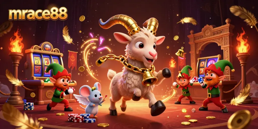 Engage in thrilling slot games at mrace88 amidst festive characters in a vibrant casino scene.
