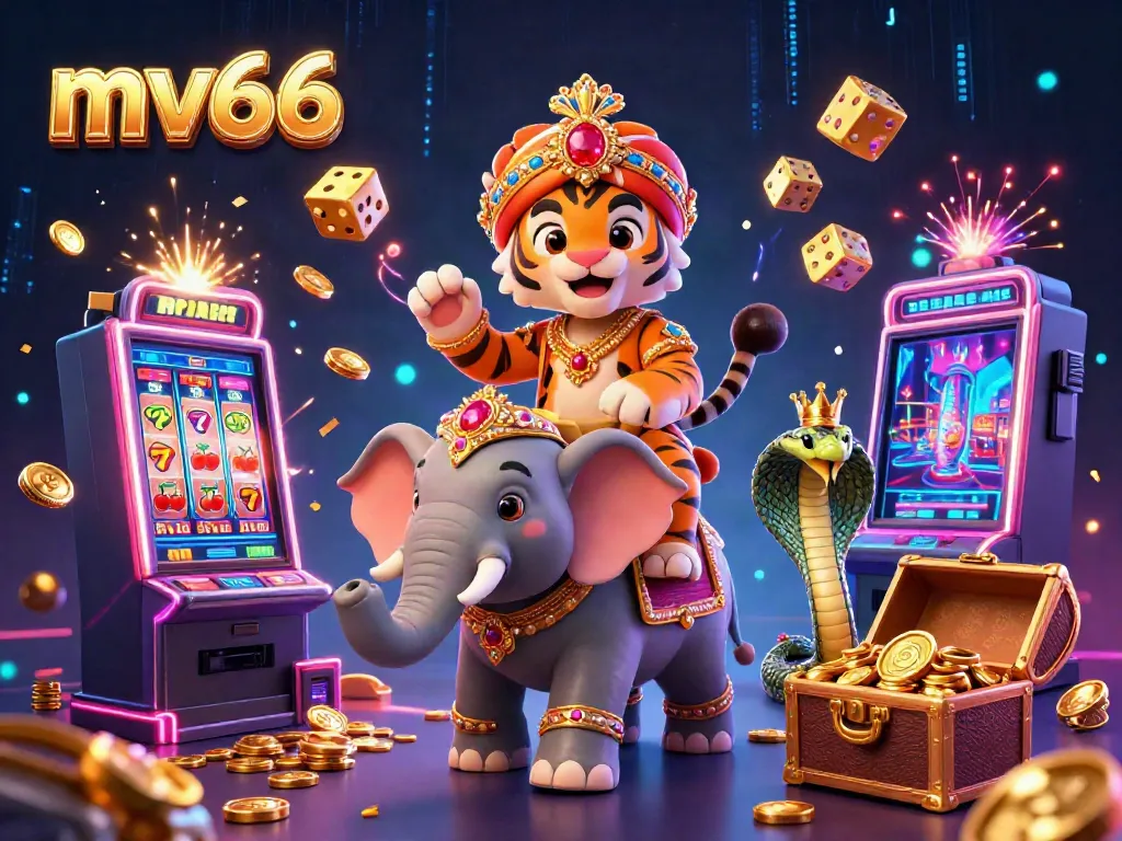 Experience the exciting world of mv66 with a vibrant 3D casino illustration showcasing characters and jackpot elements.