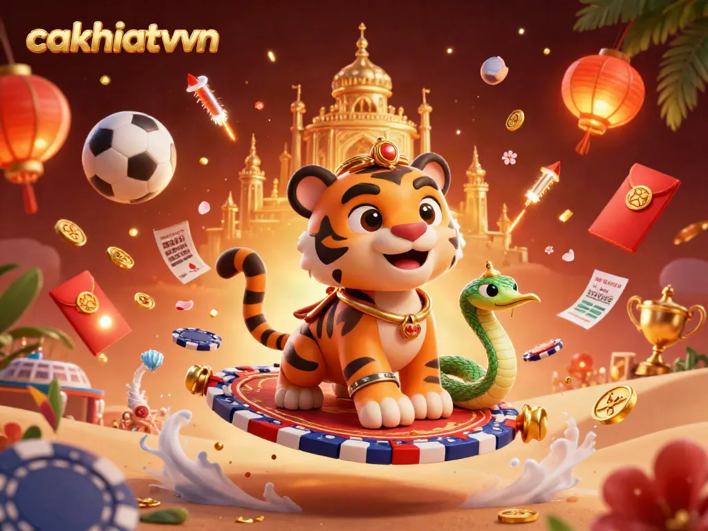 Cakhiatvvn illustrates a thrilling sports betting scene featuring a tiger sultan and genie on a magical carpet.