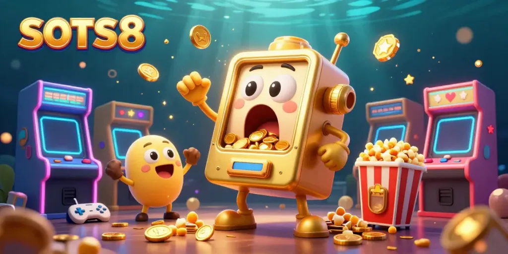 SLOTS8 reveals a golden slot machine hitting a jackpot, surrounded by cheerful baby slots in a vibrant arcade scene.
