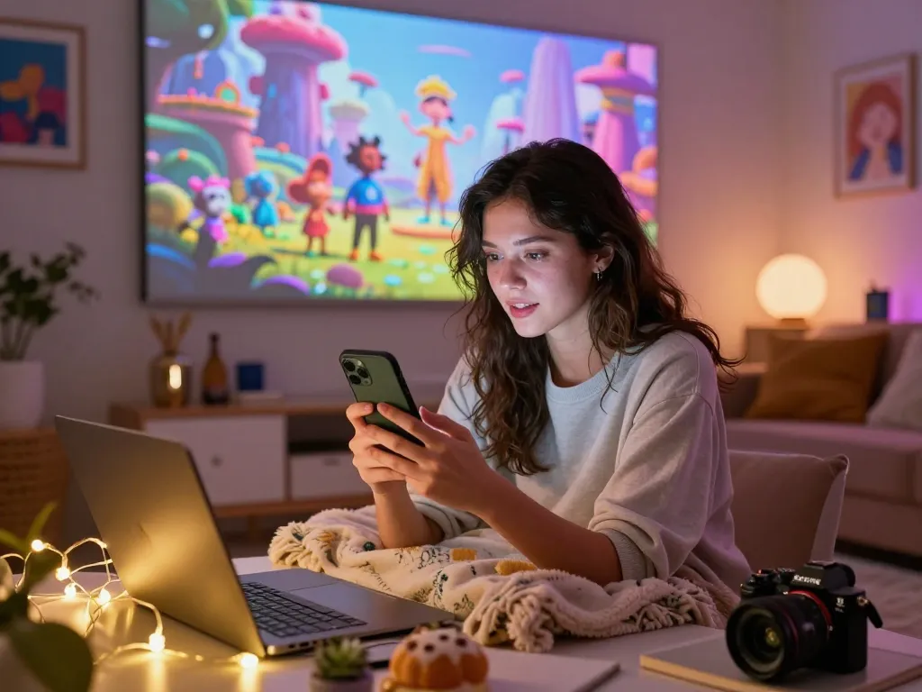 Interactive chat with 18+ ai character in cozy living room setting, highlighting vibrant adult-themed visuals.