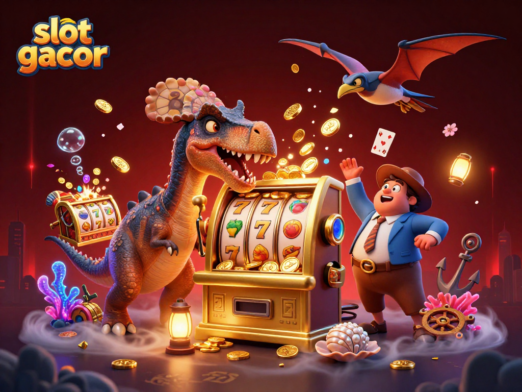 slot gacor reveals a funny scene with dinosaurs in a lively casino, maximizing jackpot rewards