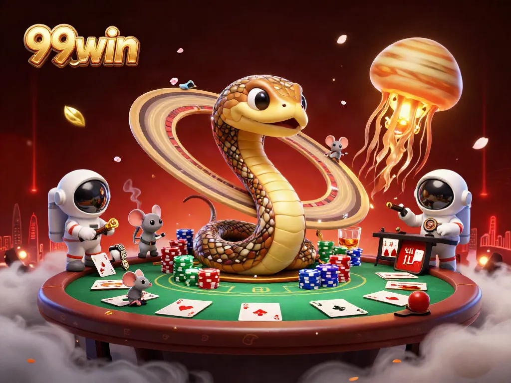 Engage with thrilling 99win gambling action as cartoon mice bet in a cosmic casino scene.