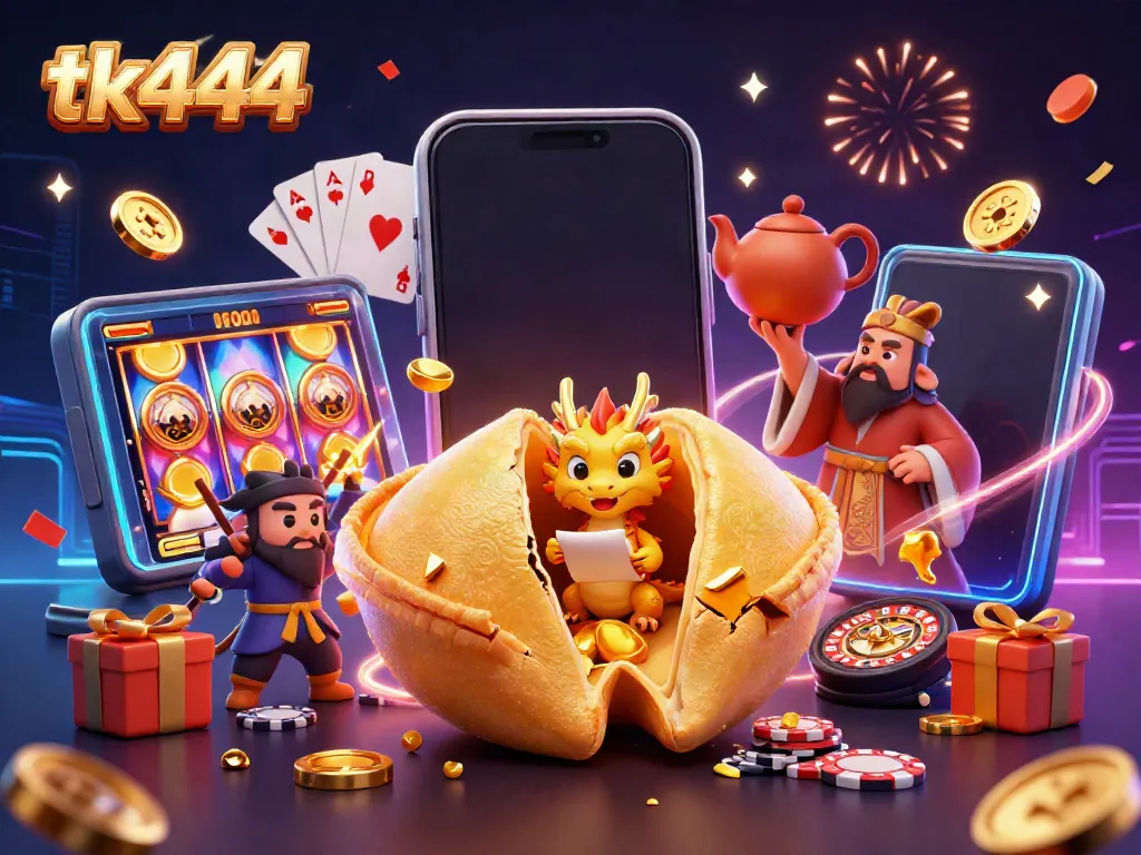 Win big with tk444 in a vibrant 3D casino scene filled with fortune cookies and gold treasures.