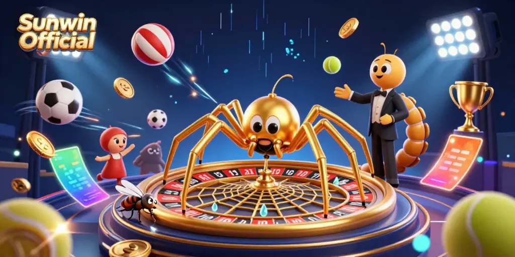 Engaging scene depicting Sunwin Official with a golden roulette wheel spider, dynamic sports balls, and vibrant casino elements.