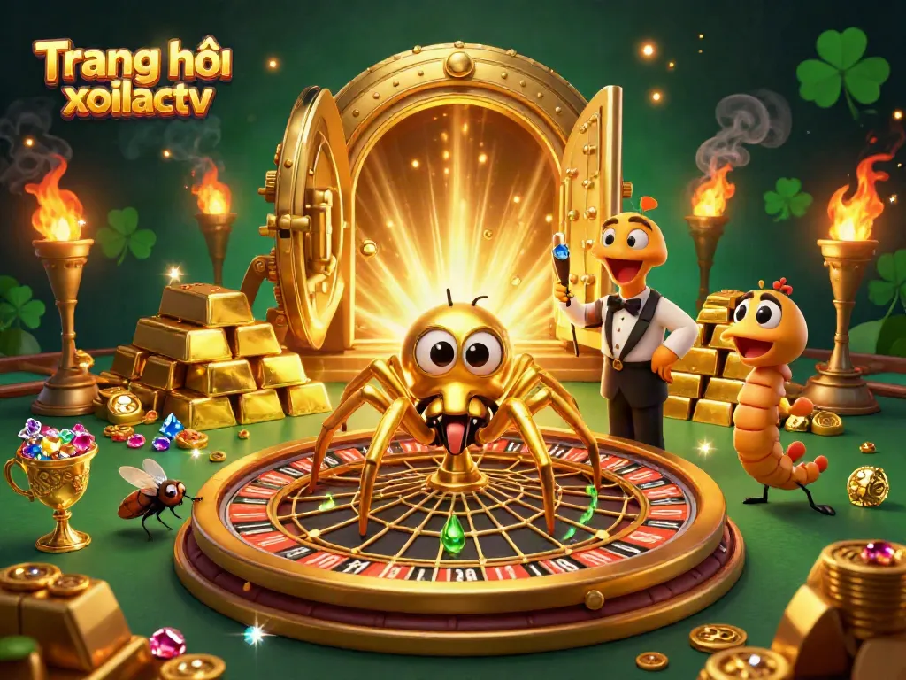 Experience the excitement of gambling with Trang chủ xoilactv’s unique roulette wheel design featuring a golden spider and a centipede croupier.