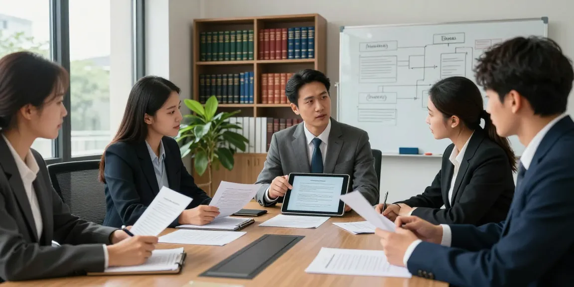 Lawyers discussing legal strategies and case files in a modern office setting, capturing the essence of legal expertise in action.