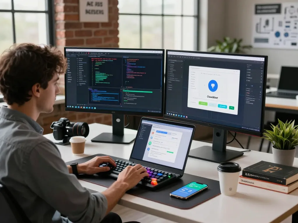 Developer integrating clawd bot in a modern tech workspace with AI-driven applications and collaborative tools.