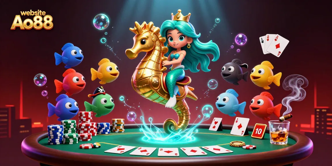 Experience thrill with the vibrant gameplay of website Ao88, featuring a mermaid princess and poker elements.