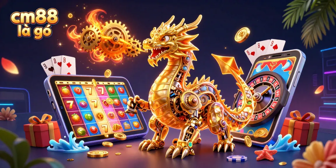 Experience the thrill of gaming with cm88 là gì in an engaging 3D casino illustration featuring a golden dragon and dynamic game elements.