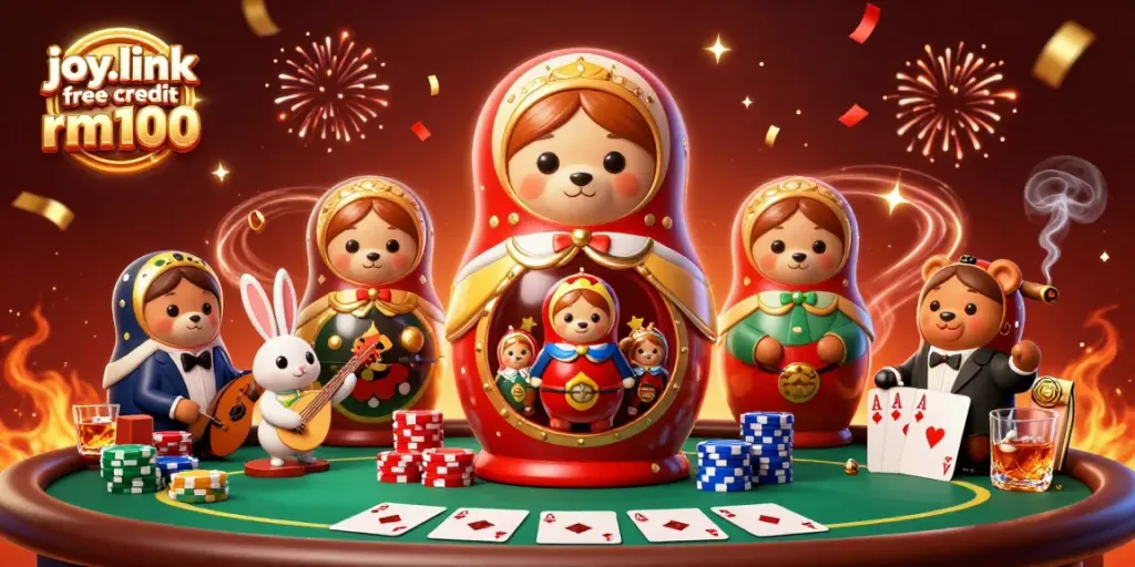 Play for joy.link free credit rm100 with a festive casino scene featuring adorable bears and poker elements.