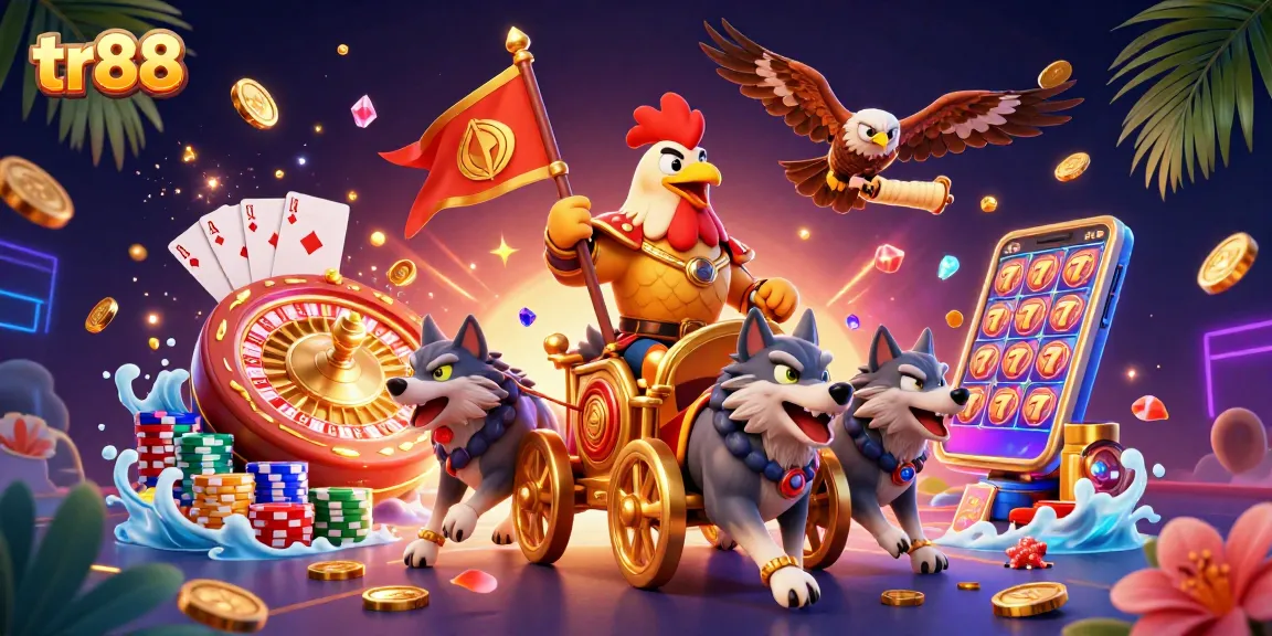 Join the excitement at tr88 with a 3D cartoon rooster warlord and golden chariot amidst dazzling casino elements.