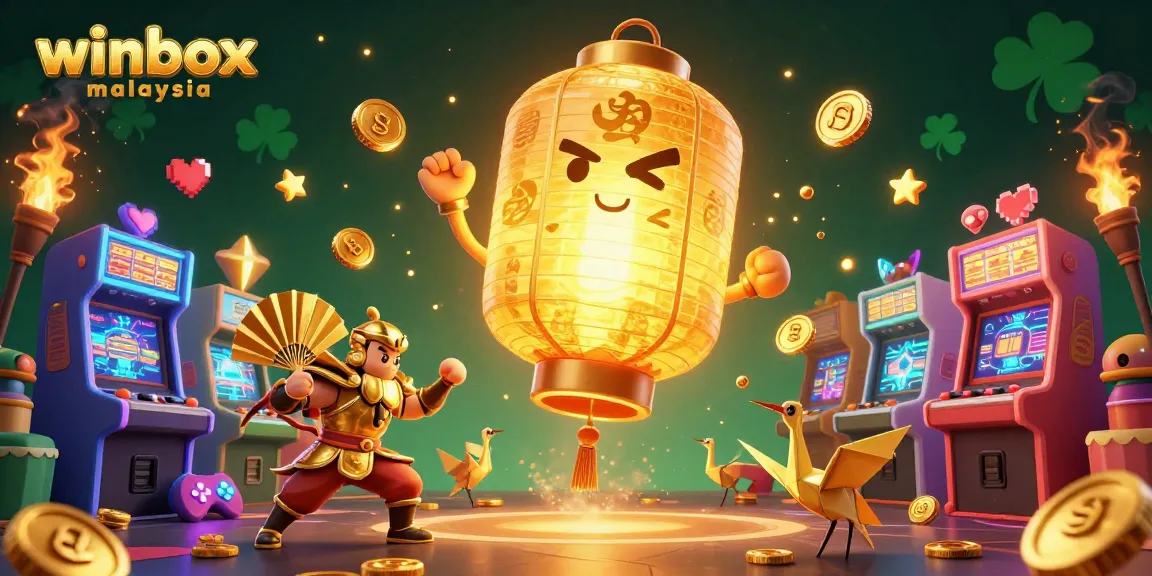 Experience thrilling gaming with winbox malaysia as golden lantern spirits and warriors illuminate a casino scene.
