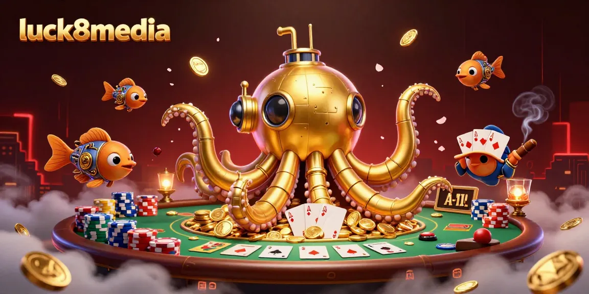 Engage in thrilling games at luck8media, featuring vibrant poker action and a golden kraken amidst coins.