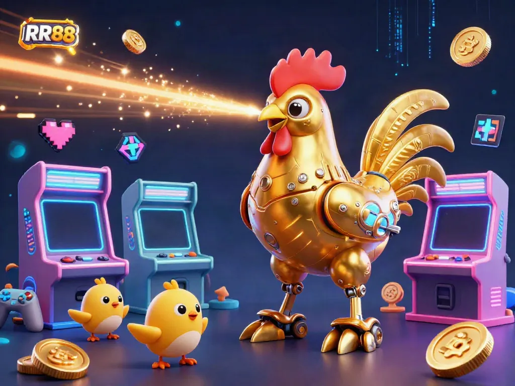 Experience the excitement of RR88 with a golden rooster robot and arcade games in a vibrant casino setting.