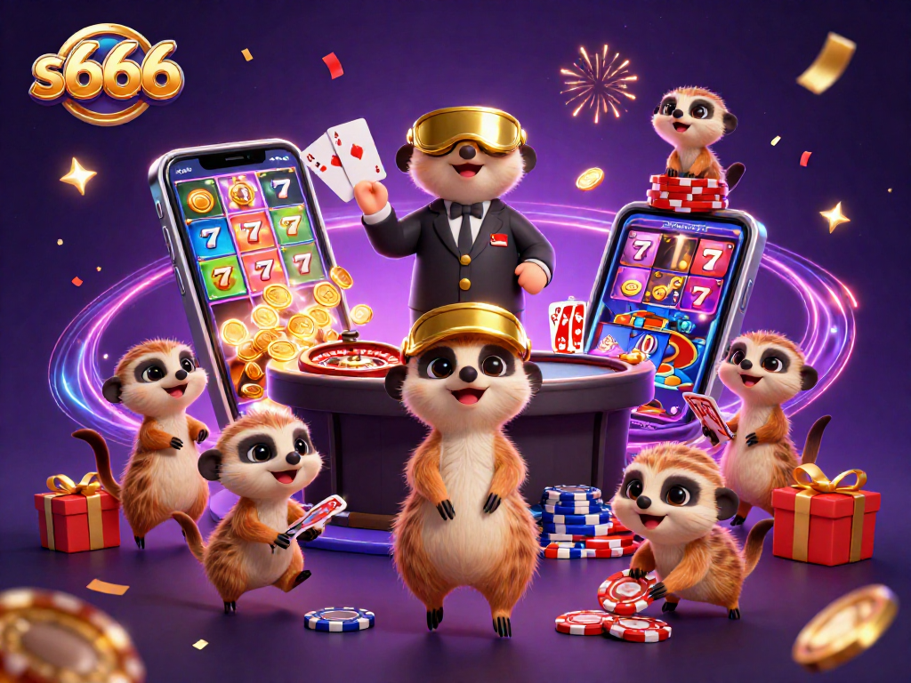 S666 casino meerkats orchestrate gaming excitement with vibrant visuals and jackpot fun in a 3D illustration.