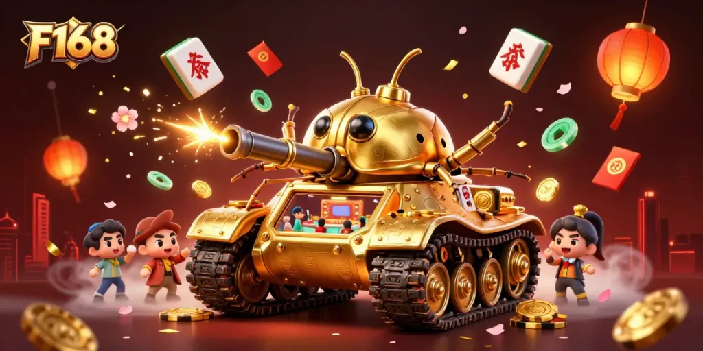 Experience the thrilling excitement of F168 in this vibrant casino scene featuring games and confetti.