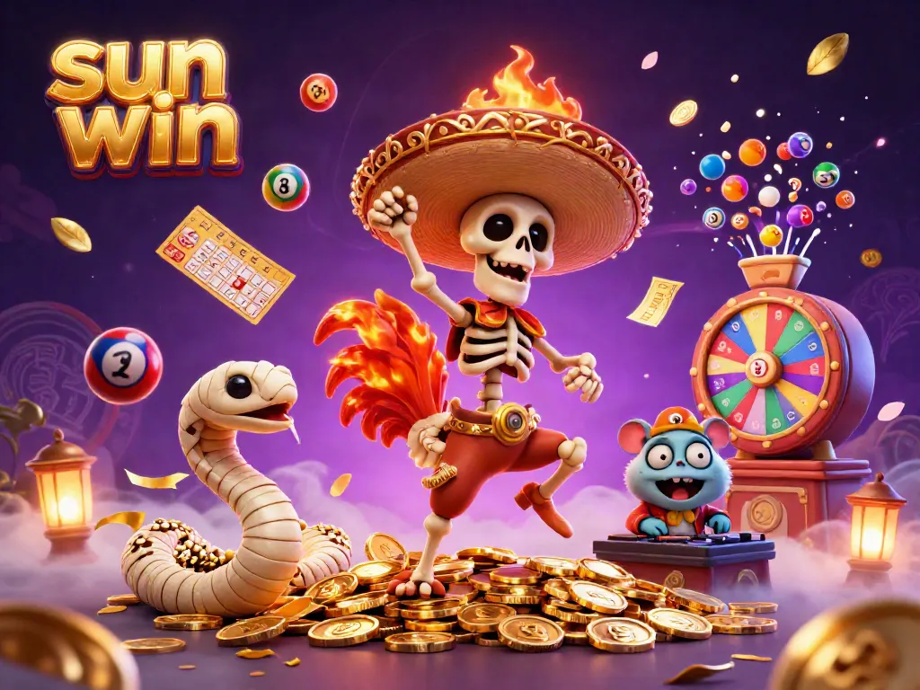 Experience thrilling wins at sun win with engaging characters celebrating on a backdrop of dynamic casino elements.