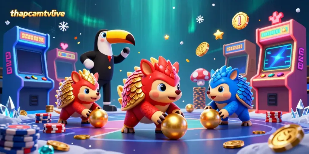 Experience thapcamtvlive as colored pangolins bowl through poker chips amidst glowing arcade machines.