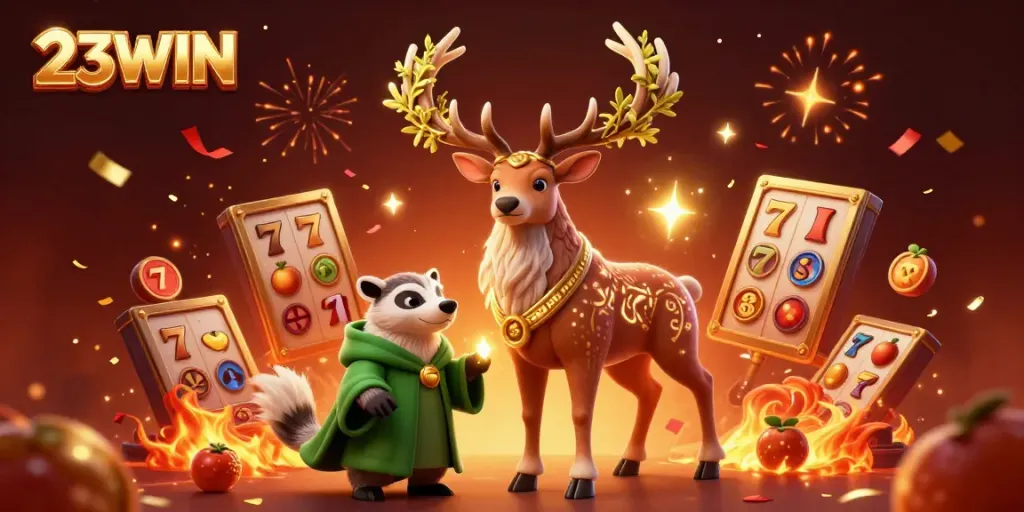 Engage with thrilling slot games at 23WIN, featuring a lively scene of druid and badger amidst vibrant gambling elements.