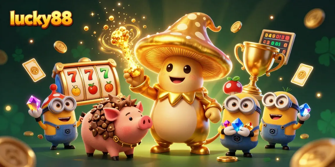 Spin the reels of lucky88 with a vibrant 3D magical scene, showcasing golden treasures and slot excitement.