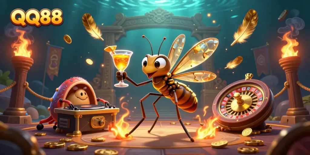 Experience the excitement at QQ88 with a 3D illustration showcasing dynamic casino elements and vivid characters.