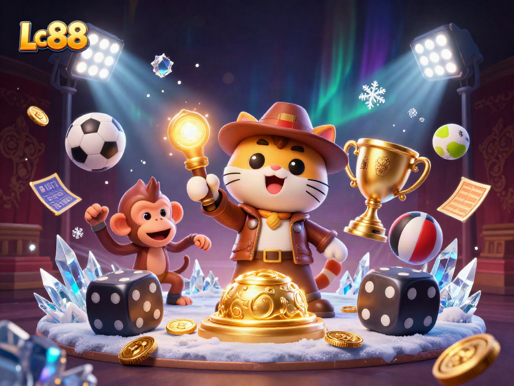 Engage in Lc88 winning strategies with a dynamic casino scene featuring a treasure-hunting cat.