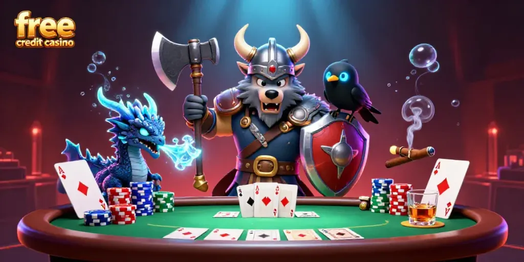 Engage in free credit casino action with cartoon warriors and colorful gaming elements.