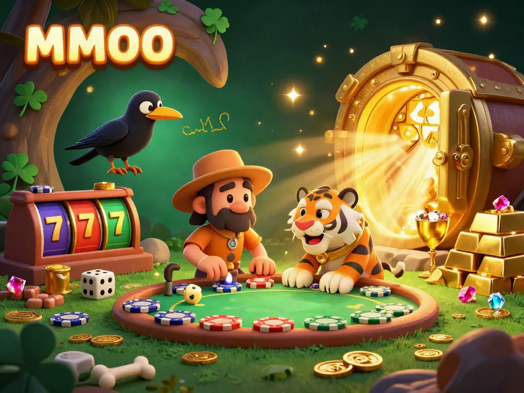 Join the festive atmosphere at MMOO's prehistoric casino with exciting games and treasures.