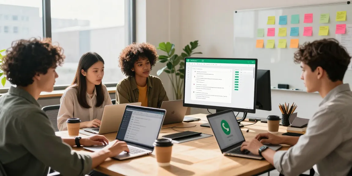 Team using WhatsApp網頁版 in a modern workspace for collaboration and messaging.
