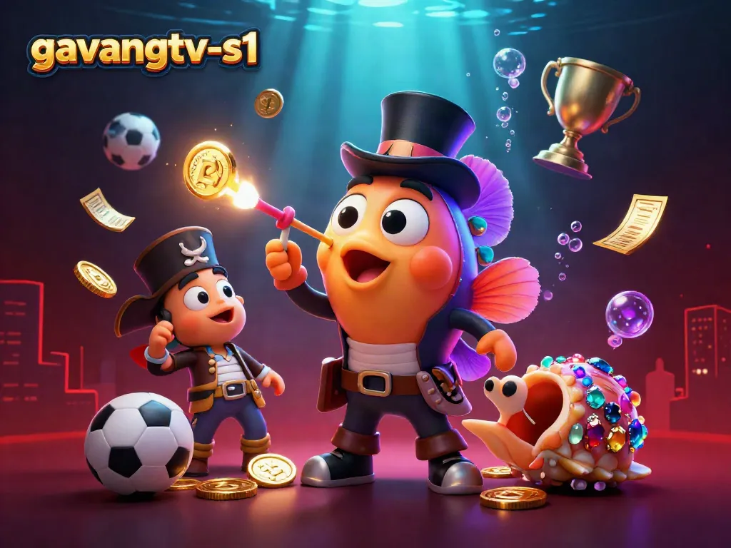 Catch exciting gambling action with gavangtv-s1 featuring a 3D anglerfish among vibrant sports motifs.