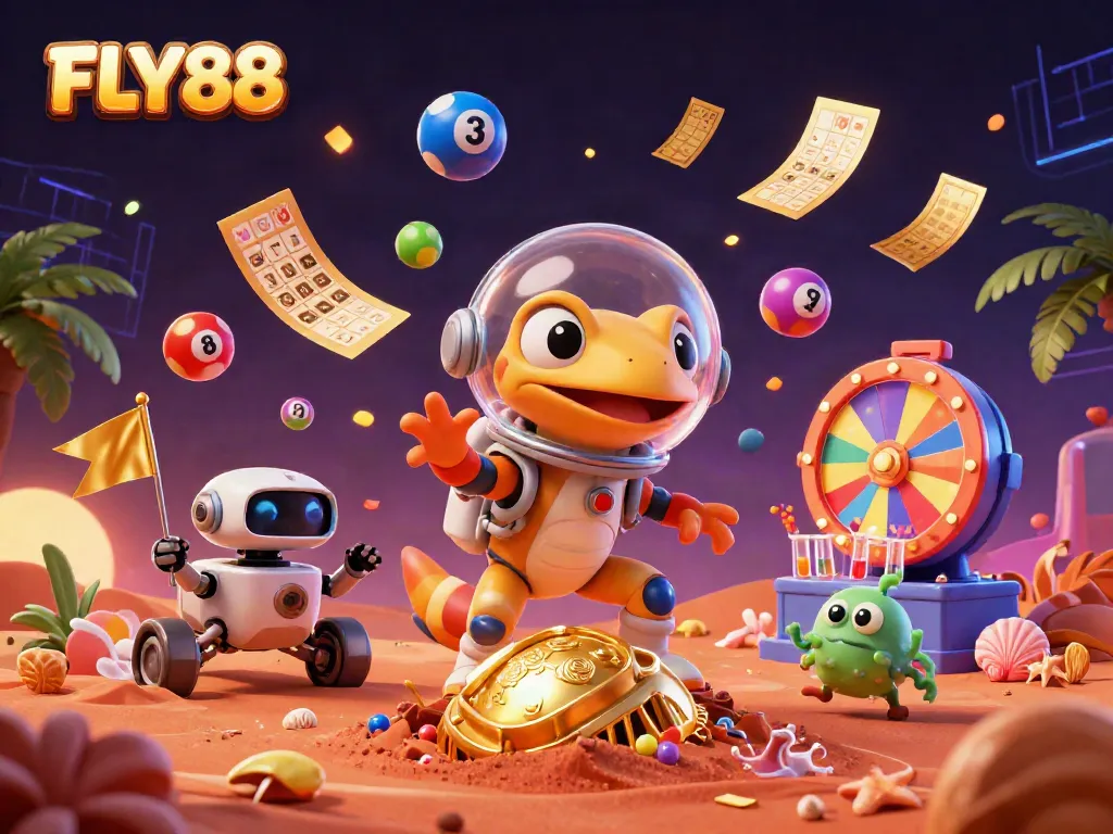 Engaging golden casino discovery scene featuring FLY88 Martian gecko, colorful elements, and dynamic gambling motifs.