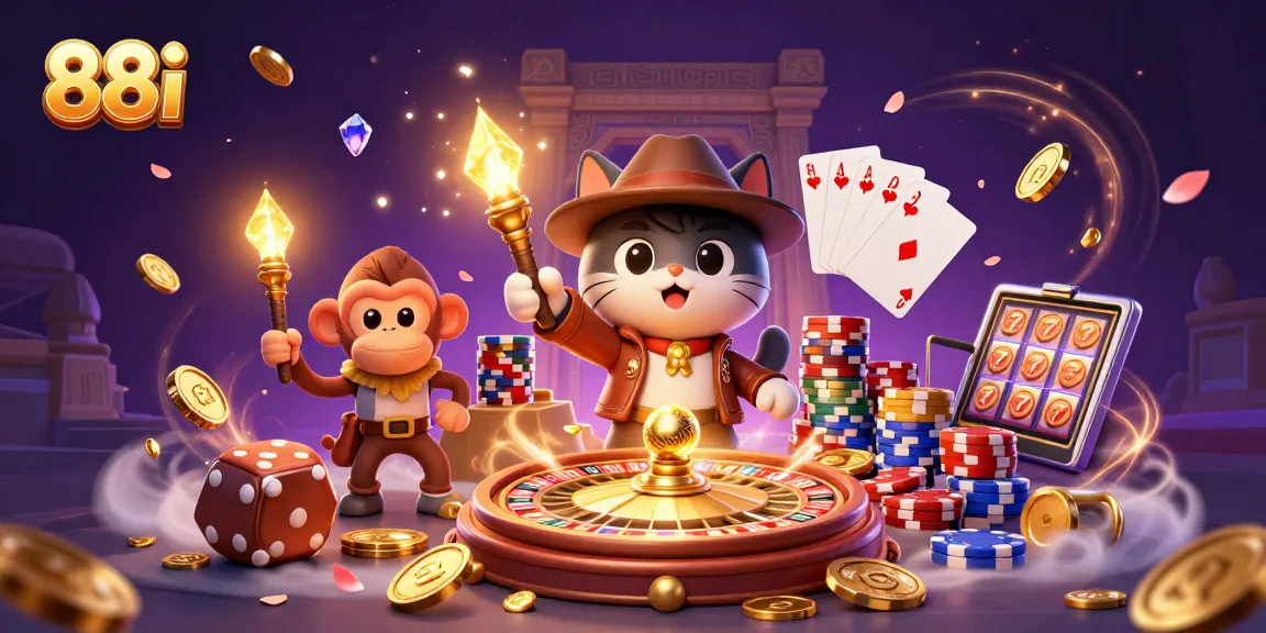 Engage in thrilling gaming adventures at 88i's vibrant 3D casino illustrated scene.