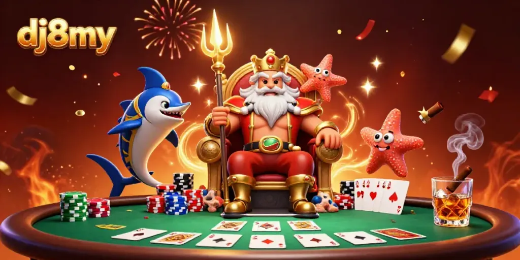 Engage with dj8my at the vibrant casino scene featuring Neptune and gaming elements.